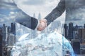 Businessmen shaking hands on bright white city background with globe and polygonal connections. Teamwork and colleagues concept.