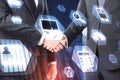 Businessmen shaking hands with creative network cloud hologram Royalty Free Stock Photo