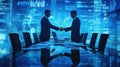 Businessmen shaking hands on the table with blurred documents and a computer in the office Royalty Free Stock Photo