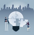 Businessmen sitting on ladder, completing an idea light bulb puzzle - Illustration