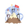 Businessmen standing together on mountain peak top with flag, business, career development concept vector Illustration Royalty Free Stock Photo