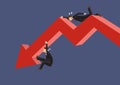 Businessmen Struggling to Hang On to Down Arrow Chart Cartoon Vector Illustration Royalty Free Stock Photo