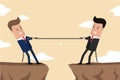 Businessmen in suit pull the rope at edge of cliff . Symbol of competition in business. Corporate conflicts. Vector Illustration