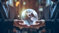 Businessmen in Suits Holding Transparent Globe as a Symbol of International Collaboration. Generative Ai