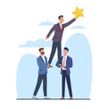 Businessmen support colleague to reach for star, goal or success. Man hold star, teamwork with friends, success Royalty Free Stock Photo