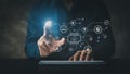 Businessmen tap on the hologram icon online data network connection, uploading data to the cloud so that the data can be
