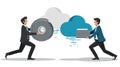 Businessmen transfer data from disk to cloud storage, data migration concept Royalty Free Stock Photo