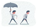 Businessmen with and without umbrella under the rain