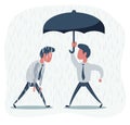 Businessmen with and without umbrella under the rain