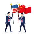 Businessmen with united states american and china flag