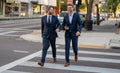 Businessmen walk in the street. Two businessmen walking and talking at office building. Two american businessmen in Royalty Free Stock Photo