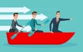 Businessmen workers rowing oars in boat and manager with. Royalty Free Stock Photo