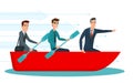 Businessmen workers rowing oars in boat and manager with Team Royalty Free Stock Photo