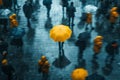 businessmen with yellow umbrella In the midst of a hurried, motion-blurred crowd