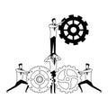 Businessmens working and holding with gears in black and white
