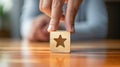 businesspeople carefully select a wooden block adorned with a 5-star icon, symbolizing satisfaction in service and
