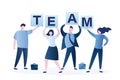 Businesspeople characters holding separated word - Team. Businessmen, businesswomen perfect teamwork