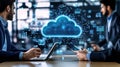Businessmen analyze digital cloud network data on laptops and tablets, data management concept. Royalty Free Stock Photo