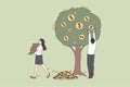 Businesspeople collect money coins from tree get dividend