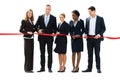 Businesspeople Cutting Red Ribbon With Scissors