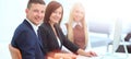 Businesspeople Having Meeting Around Table In Modern Office Royalty Free Stock Photo