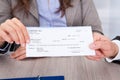 Businesspeople holding cheque Royalty Free Stock Photo