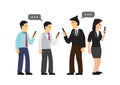 Businesspeople ignore each other and holding mobile in hands. Concept of technology addiction or bad habit