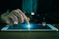 Businesspeople pointing finger on tablet coding AI background futuristic future digital technology.