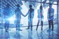 Businesspeople shaking hands in modern blue office interior with panoramic city view and forex chart. Teamwork, trade and success Royalty Free Stock Photo