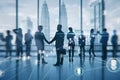 Businesspeople silhouettes on blurry office interior backdrop with city view and network lines. Teamwork, CEO, success and finance Royalty Free Stock Photo