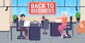 Businesspeople sitting at workplaces with laptops back to business board coronavirus quarantine is over Royalty Free Stock Photo