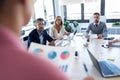 Businesspeople taking notes with laptop and paying attention in conference on coworking place Royalty Free Stock Photo