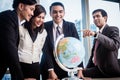 Businesspeople talk about global strategy