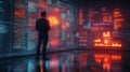 Businessperson analyzes complex data visualizations displayed on interactive walls. Tech expert views diverse data sets. Modern