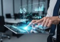 Businessperson Analyzing Data on Digital Tablet with Interactive Holographic Charts and Graphs AI generated. Royalty Free Stock Photo