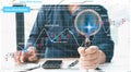Businessperson analyzing digital data distribution chart magnifying glass highlighting scatter points trend insights representing Royalty Free Stock Photo