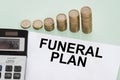 Funeral Plan Papers, Stack Of Coins And Calculator Over Desk