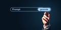 Businessperson hand clicking generate button in AI prompt interface on dark background, symbolizing innovation, research, and