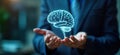 Businessperson holds AI-powered system visualization. Person in suit cares digital brain image in hands. Modern tech trends in