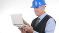 Businessperson Image Wearing Hardhat Doing Engineer Job With Laptop