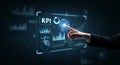A businessperson\'s hand interacts with a digital interface displaying KPI (Key