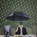 Businessperson with umbrella and mask Royalty Free Stock Photo