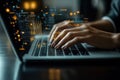 Businessperson using laptop for data analytics. Hands type on keyboard. Visual displays of data appear over screen. Big data
