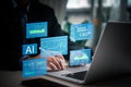 Businessperson working with AI-powered financial data analysis tools, showcasing advanced technology in finance. Ideal for fintech