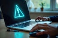 Businessperson works on laptop displaying caution alert. Tech problem maintenance message. Error notification on screen. Possible