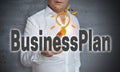 Businessplan touchscreen is operated by man Royalty Free Stock Photo