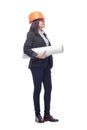 Businesswoman architect holding blueprints isolated on white background Royalty Free Stock Photo