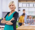 Businesswoman, arms crossed and portrait in office or workplace for presentation or meeting with confidence. Mature Royalty Free Stock Photo