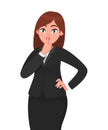 Businesswoman asking silence please. Keep quiet! Quiet please! Woman in formal black suit closed her mouth with index finger. Royalty Free Stock Photo
