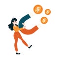 A businesswoman attracting money with a magnet, symbolizing profit and investment success